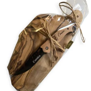 Coffret cadeau artisanal – Planche en bois d’olivier & couteau Corsica